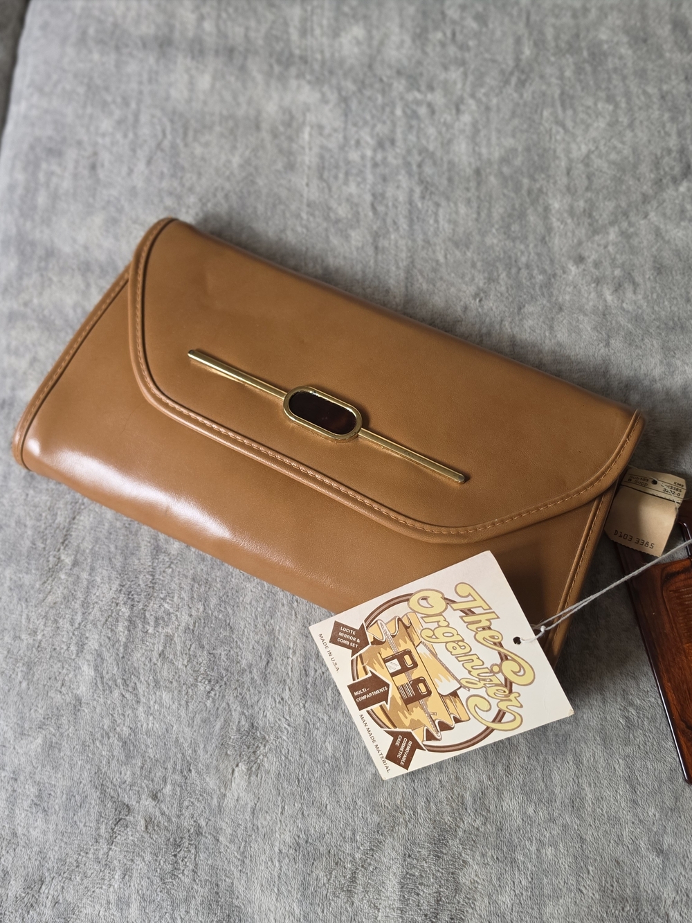 Vintage Tan Faux Leather Clutch with Gold Accent Retro